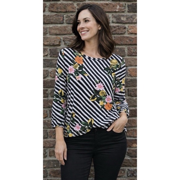 investments essentials Tops - Investments Essentials‎ Petites  Size L  3/4 Sleeve Blouse Top lemons stripes